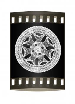 3d model of car wheel rims on a black background. The film strip