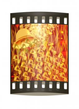 Toll. Gold bell on winter or Christmas style background with a wave of stars. The film strip