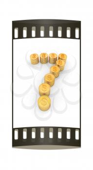 the number seven of gold coins with dollar sign on a white background. The film strip