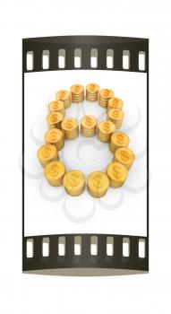 the number eight of gold coins with dollar sign on a white background. The film strip