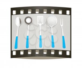 cutlery on a light gray background. The film strip