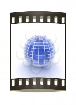 abstract 3d sphere with blue mosaic design on a white background. The film strip