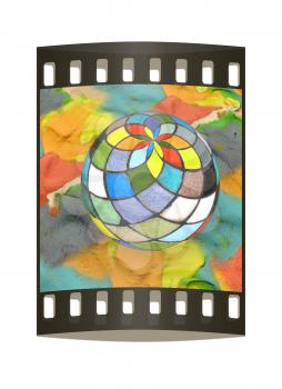 Mosaic ball on a colorful background. The film strip