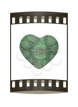 3d electronic heart isolated on white background. The film strip