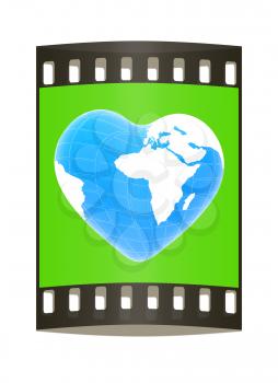 3d earth to heart symbol on a green background. The film strip