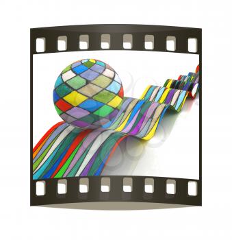 Mosaic ball on a colorful waves on a white background. The film strip