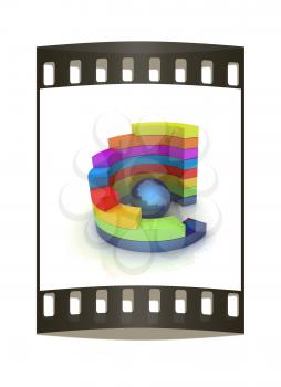 Abstract colorful structure with blue bal in the center on a white background. The film strip