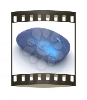 Blue metallic computer mouse on white background. The film strip
