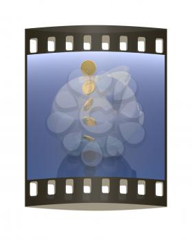 Glass piggy bank on reflection blue gradient background. The film strip