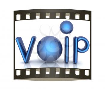 Word VoIP with 3D globeon a white background. The film strip