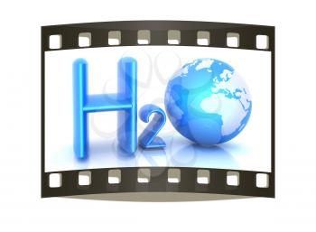 H2O. Formula of water on white background. The film strip