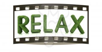 word Relax from the green grass isolated on white background. 3d illustration. The film strip