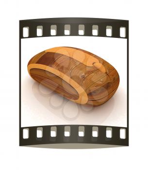Wooden computer mouse on white background. The film strip