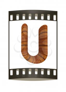 Wooden Alphabet. Letter U on a white background. The film strip