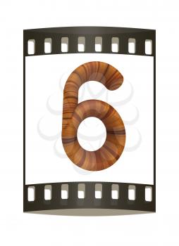 Wooden number 6- six on a white background. The film strip
