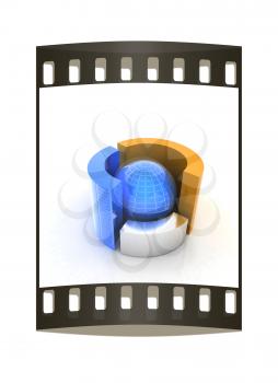 3D circular diagram and sphere on white background. The film strip