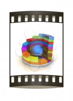 Abstract colorful structure with blue bal in the center on a white background. The film strip