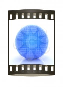 Abstract 3d sphere with blue mosaic design on a white background. The film strip