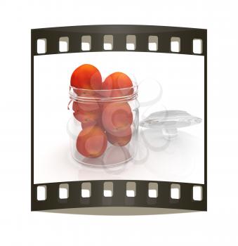 Jar with peaches on white background. The film strip