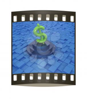 icon dollar sign on podium against abstract urban background. The film strip with place for your text