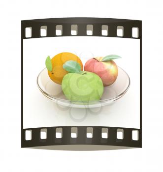 Citrus and apple on a white background. The film strip