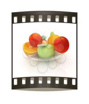 Citrus and apples on a white background. The film strip