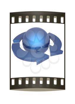 Abstract blue sphere and arrows on a white background. The film strip