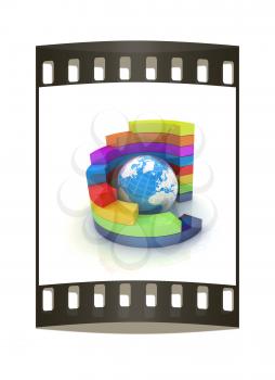 Abstract colorful structure with blue earth in the center on a white background. The film strip