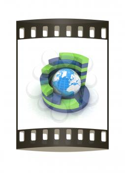 Abstract blue-green structure with earth in the center on a white background. The film strip