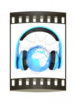 World music 3D render of planet Earth with headphones  on a white background. The film strip