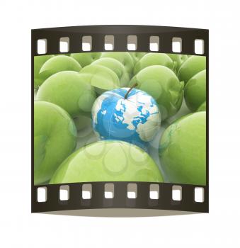 Apple earth and apples on a white background. The film strip