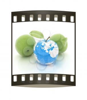 Apple earth and apples on a white background. The film strip
