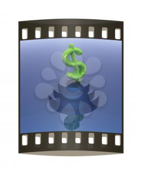 icon dollar sign on podium on reflection blue gradient background. The film strip