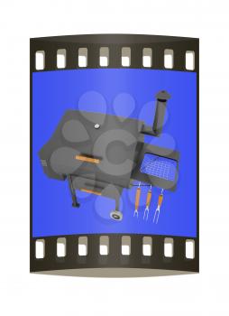 oven barbecue grill on a blue background. The film strip