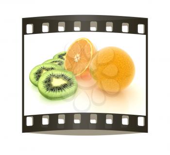 slices of kiwi, orange and half orange on a white. The film strip