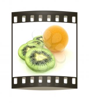 slices of kiwi and orange on a white. The film strip