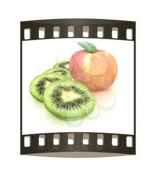 slices of kiwi and apple on a white. The film strip