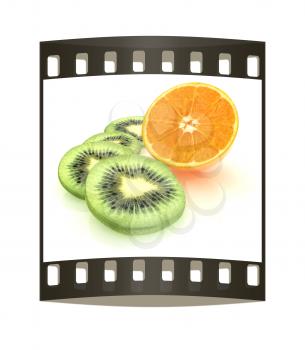 slices of kiwi and half orange on a white. The film strip