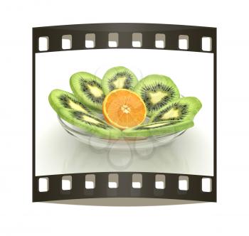 slices of kiwi and orange on a white background. The film strip