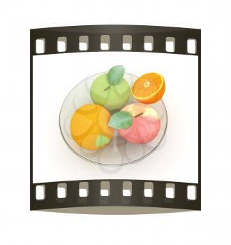 Citrus and apple on a plate on a white background. The film strip