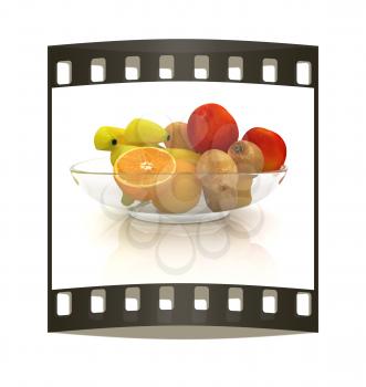 Citrus on a plate on a white background. The film strip