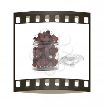 Bank of fresh cherries on a white background . The film strip
