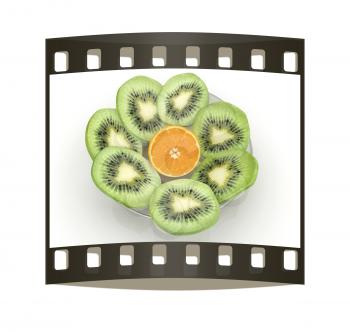 slices of kiwi and orange on a white background. The film strip