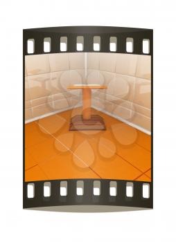 3d render of podium with an open book in the corner. The film strip