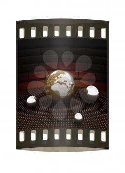 Earth and ball on light path to infinity. 3d render. The film strip