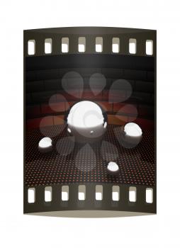Chrome ball on light path to infinity. 3d render. The film strip