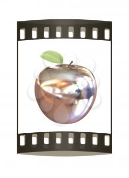 Chrome Apple with green leaf isolated on white background. The film strip