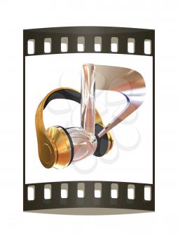 headphones and 3d note on a white background. The film strip