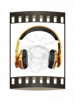 Gold headphones icon on a white background. The film strip