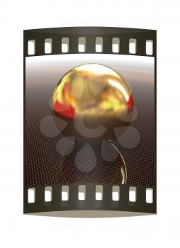 Gold ball on light path to infinity. 3d render. The film strip